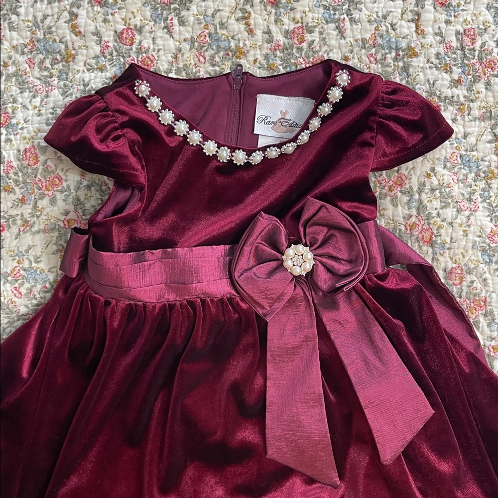 Rare Editions Burgundy Velvet Dress with Pearl Accents